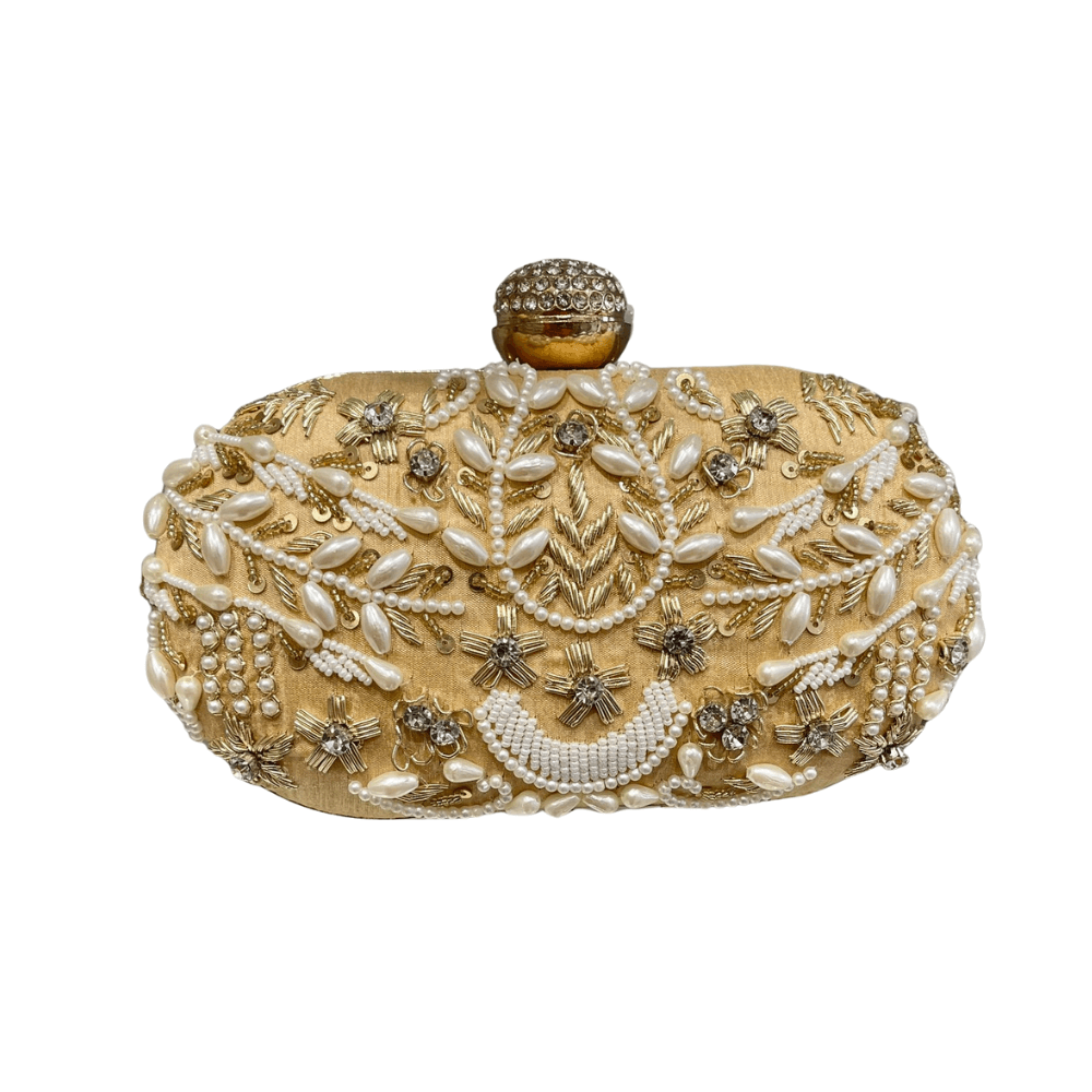 Golden Pearl Blossom Embroidered Clutch