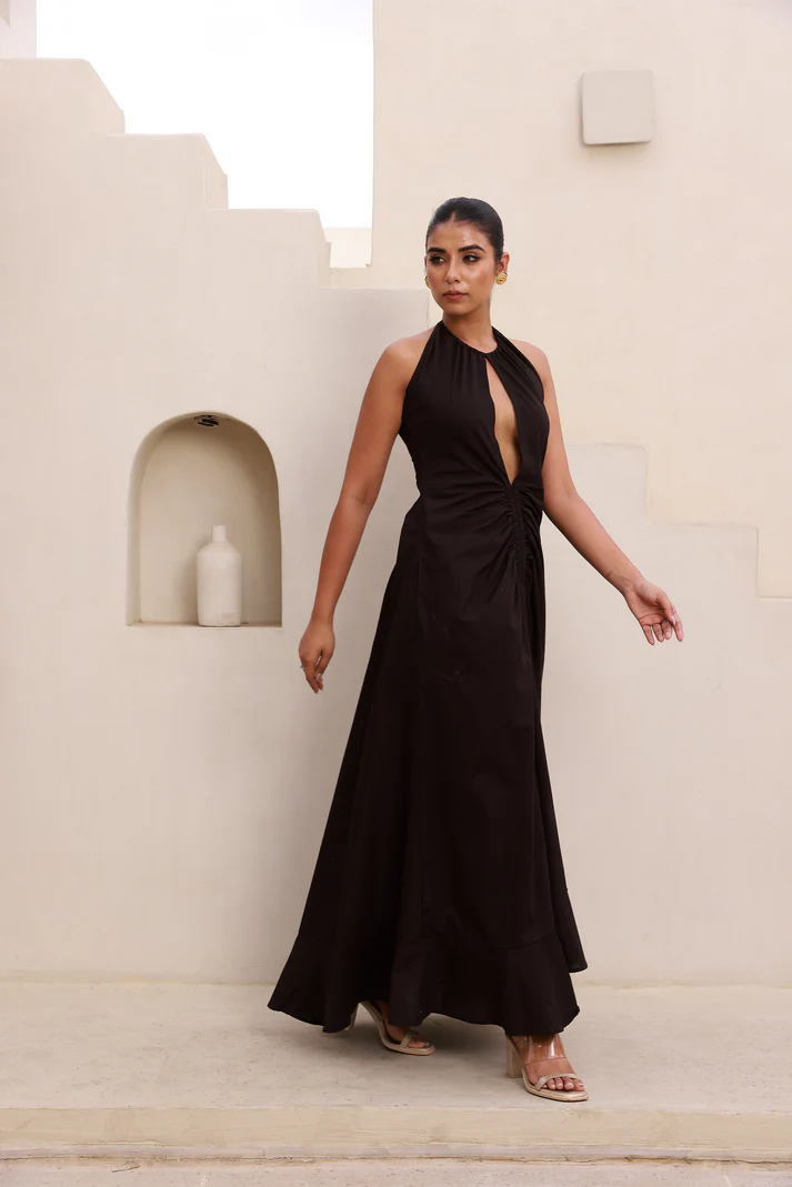 Deep V-Neck Cut Mid Runch Maxi Dress