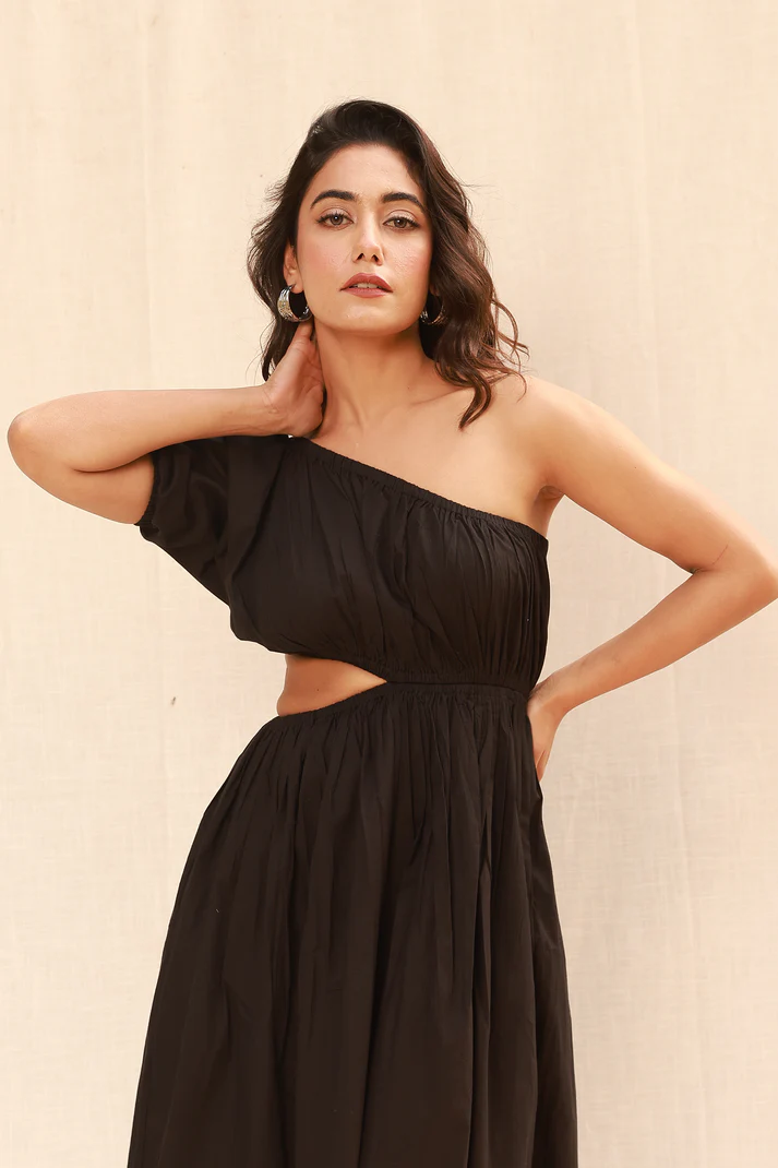 Black maxi dress with one shoulder & waist cut-out - Image 5