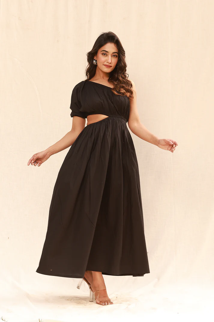 Black maxi dress with one shoulder & waist cut-out - Image 3