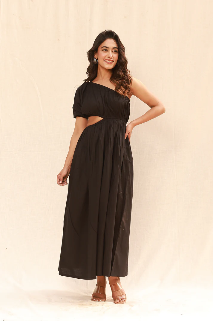 Black maxi dress with one shoulder & waist cut-out - Image 2