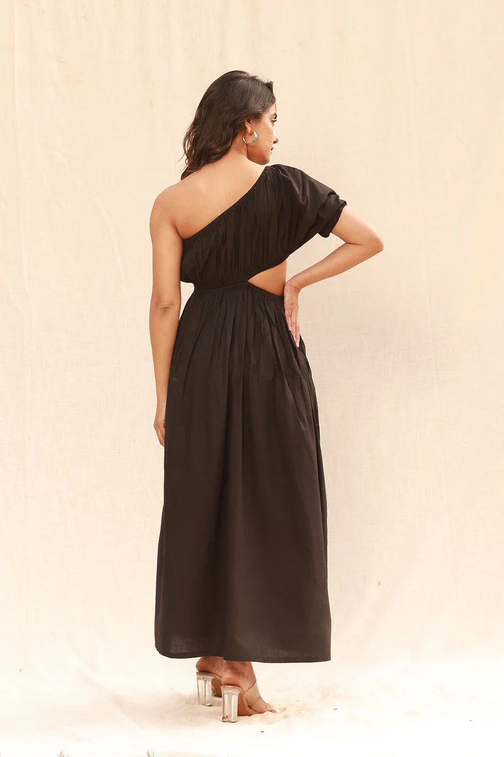 Black maxi dress with one shoulder & waist cut-out - Image 6