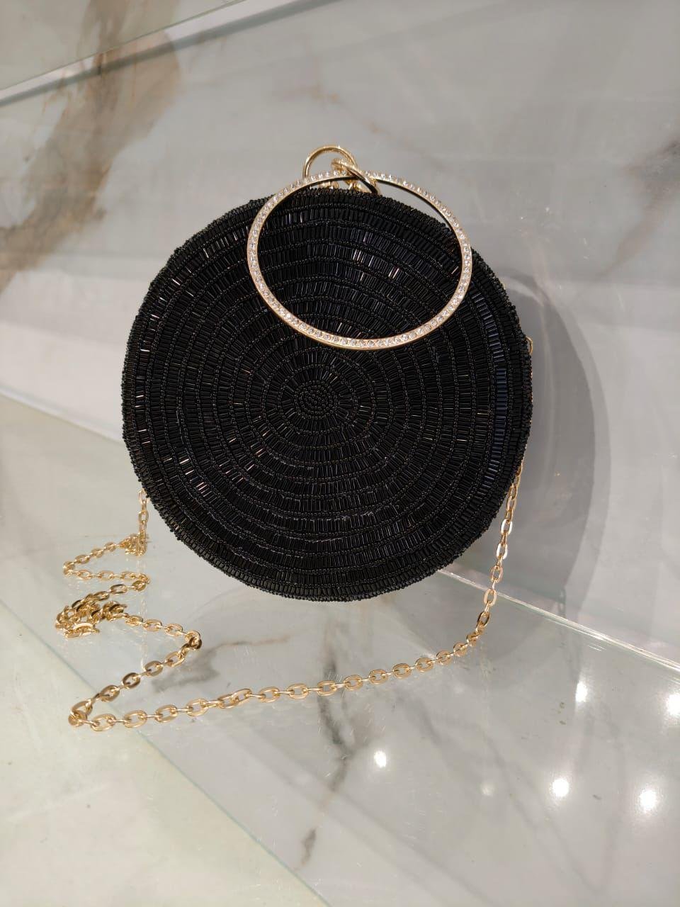 Chic Black Woven Circle Clutch with Chain Strap