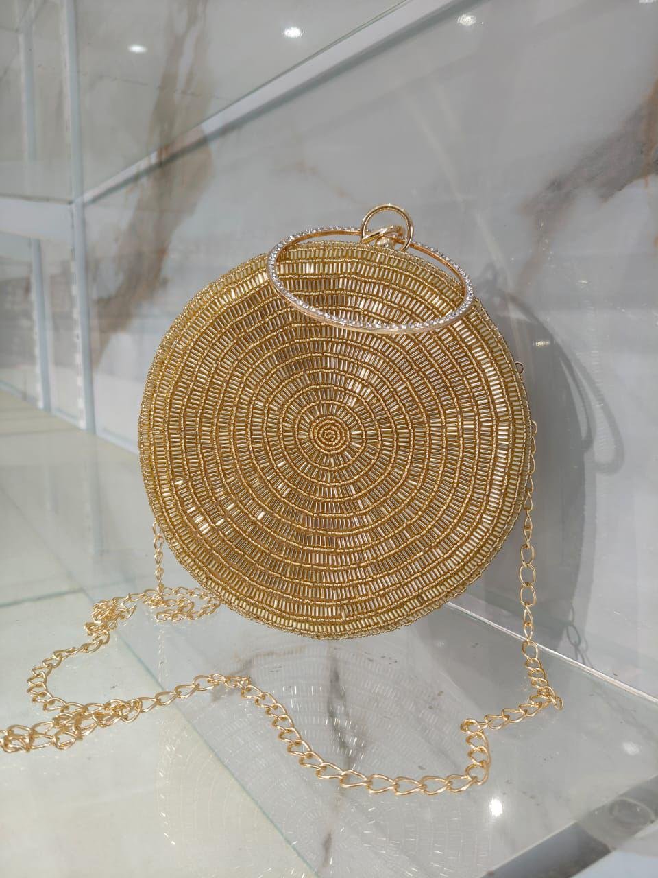 Radiant Gold Woven Circle Clutch with Chain Strap