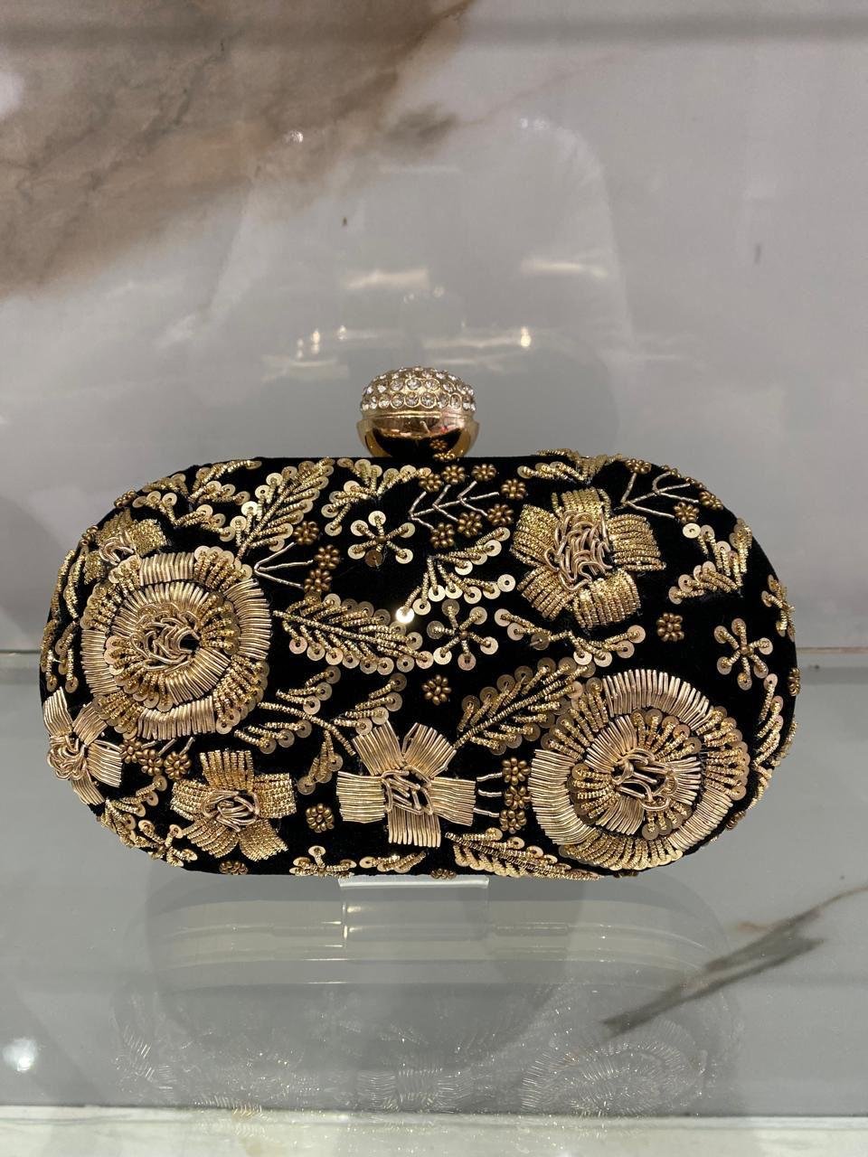 Embroidered Velvet Oval Clutch