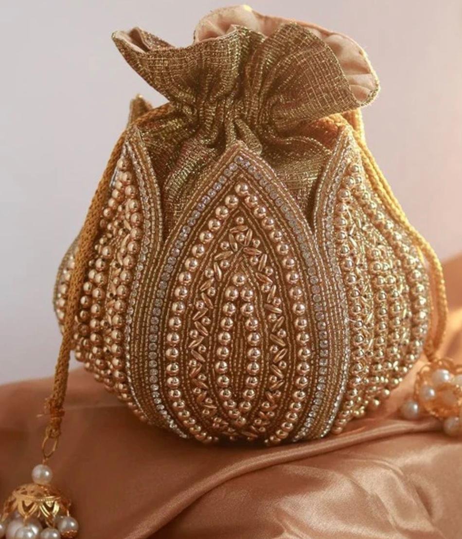 Golden Embroidered Mini Lotus Potli